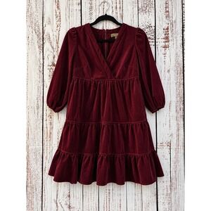 Melonie T Burgundy Corduroy Tiered Mini Dress Womens 2 Wine V-Neck Long Sleeve